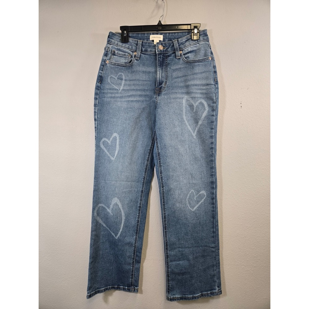 Maurices Heart Print High Rise Relaxed Straight Jeans Blue Size 8
